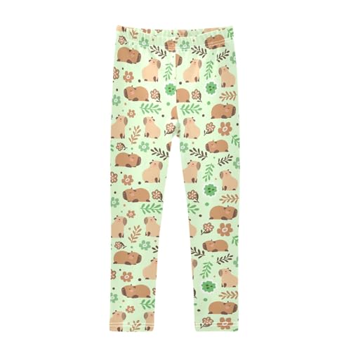 Cute Capybara Green Flowers Girls Leggings Soft Comfortable Athletic Leggings Dancing Pants for 4-10 Years