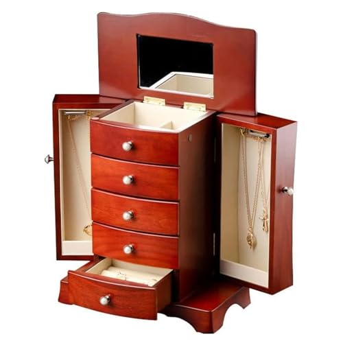Boîte à bijoux en bois sur la coiffeuse, miroir pour votre routine