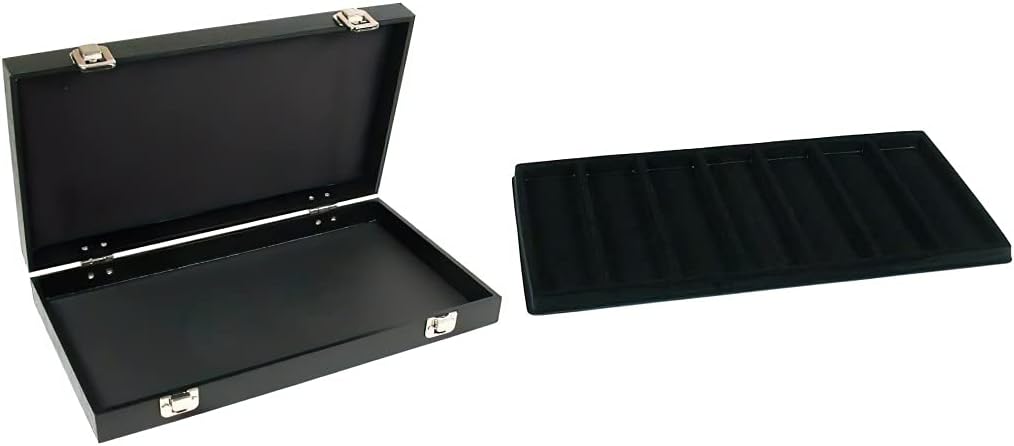 Black Jewelry Case (2xMetal Clasps & Removable Lid) w/ 1 Tray Insert (Black 7-Slot Plastic Tray)