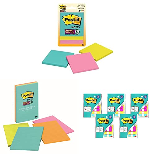 Image of 3M Post-it Super Sticky Notes, 3 Pads x 45 Sheets & 3M Post-it Super Sticky Lined Notes, 4 Pads x 45 Sheets & Post-it Flags - Pack of 5
