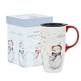Topadorn Christmas Ceramic Travel Mug Porcelain Coffee Cup with Handle and Box, 17 Oz. Peace Joy and Happiness, Best Wishes