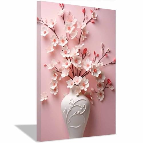 Décoration murale boho botanique tableau vase floral blanc cadre rose 40x60cm