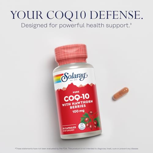 Image of Solaray Pure CoQ10 100mg with Hawthorn Berry, Antioxidant Formula with CoEnzyme Q10 and Vitamin E for Cellular Energy and Heart Health Support, Lab Verified, 60 Day Guarantee, 30 Servings, 30 Capsules