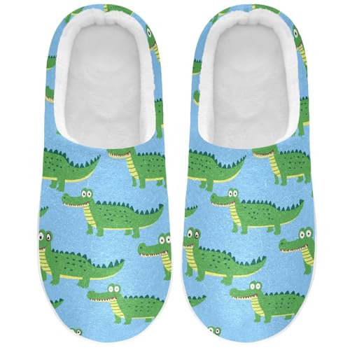 JUNZAN Green Crocodiles Blue Women Home Cotton Slippers Non Skid Memory Foam House Shoes for Hospital Funny Presents 6-7