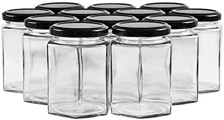 SHiZAK 9oz Hexagonal Jam Jars with Black Lids, 270ml Transparent Glass Canning Jars Honey Jarss for Jams, Honey, Wedding Favors, Shower Favors, Baby Foods, DIY Spice Jars and More(Pack of 12)
