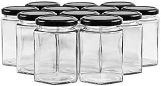 SHiZAK 9oz Hexagonal Jam Jars with Black Lids, 270ml Transparent Glass Canning Jars Honey Jarss for Jams, Honey, Wedding Favors, Shower Favors, Baby Foods, DIY Spice Jars and More(Pack of 12)