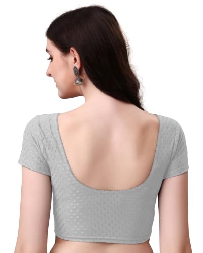Image of Mogsa Women's Stretchable Dobby Cotton Lycra Saree Blouse | Readymade Stitched Blouse | Round Neck | Short Sleeve | Soft & Comfortable Ethnic Blouse for Saree Wear