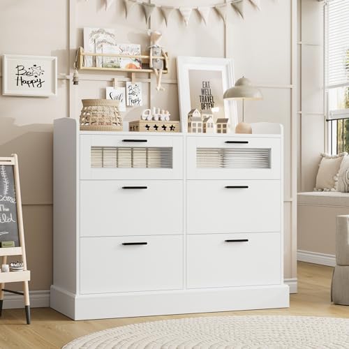 Image of HOSTACK Modern 6 Drawer Dresser for Bedroom, Double Wide Chest of Drawers with Storage, Tall Dresser with Metal Handle & Fluted Glass, Wood Console Cabinet with Fence for Living Room, Entryway, White