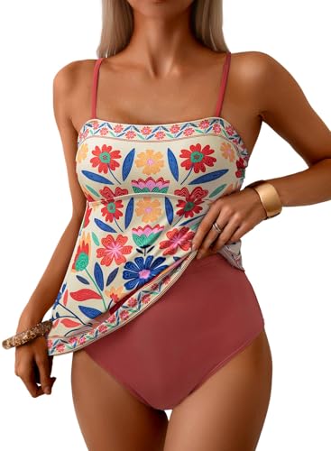 Dokotoo Women's Floral Tankini Sets Two Piece Swimsuits Boho Floral Print Flowy Bathing Suits with Bottoms Loose Fit Beachwear,Red Small