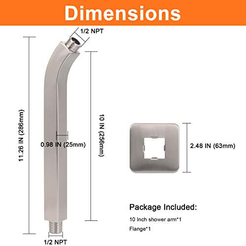 Harjue Shower Arm With Flange And Teflon Tape, Wall Mounted Square Shower Pipe Arm 304 Stainless Steel Extension Arm For Fixed Shower Head & Handheld Showerhead (10 Inch, Brushed Nickel) #TOP1