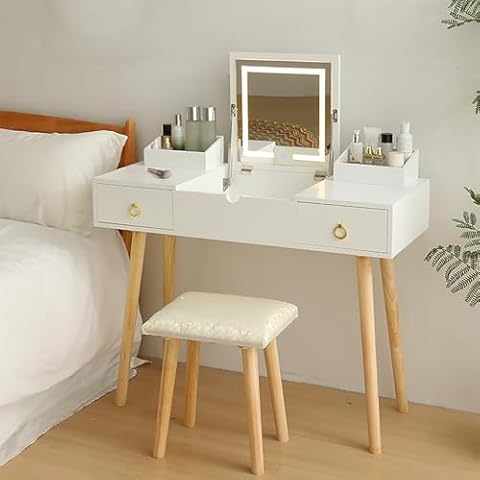 Galunt Vanity Desk Set with LED Lighted Mirror, Flip Top Makeup Vanity Table with Drawers & Cabinet, 3 Color Lighting Modes Cover