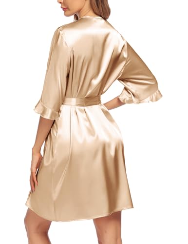 Image of Ekouaer Women's Satin Robe Valentines Lingerie for Women Kimono Bathrobe Short Ruffle Belted Robes Bridesmaids Sleepwear