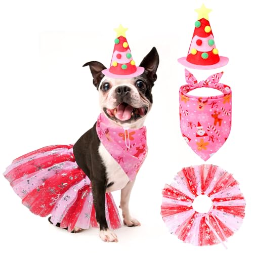 EXPAWLORER Dog Christmas Costume - Christmas Dog Bandanas, Hat and Dress Set for Girl, Pet Holiday Clothes Party Costumes, Decoration Accessories for Small Medium Puppy