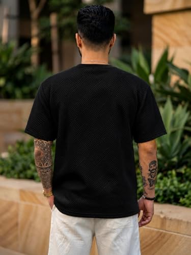 Image of GRECIILOOKS Oversized T Shirt for Men |Summer T-Shirt for Man | Men's Textured Knit Tshirts Summer Casual Round Neck Tee - Lightweight Short Sleeve Streetwear Fashion Trendy Everyday Wear