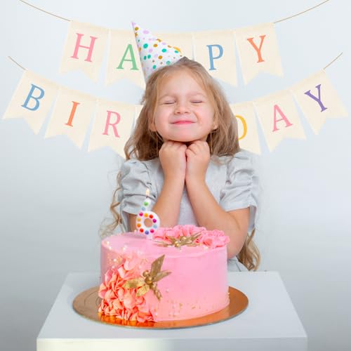 Image of Doumeny Happy Birthday Burlap Banner Boho Birthday Bunting Garland Pastel Bohemian Sign Party Banner White Hanging Garland Rainbow Birthday Bunting Falg for Home Mantel Fireplace Nursery Backdrop