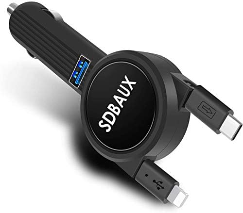 Car Charger, Fast Charging 3.1A/15W, with 2.3FT Dual Retractable Cable and Blue LED USB Port Adapter. Compatible with Phone Xs Max Xr X 8 7, Samsung Galaxy S20 S10 Note 10 LG V30 Moto Google Pixel 2XL