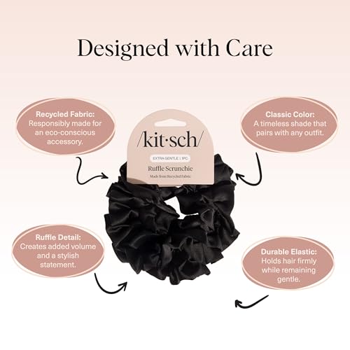 Image of Kitsch Recycled Satin Ruffle Scrunchie - Gentle Hair Scrunchie for Women, Eco-Friendly Hair Tie No Damage, Stylish Ponytail Holder | Ideal Gifts for Women - Black