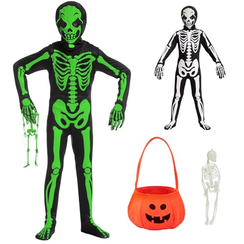 Disfraz de esqueleto de niño de 10 a 11 de 12 años, disfraz de esqueleto para niño, niña, combinación de esqueleto neón pequeño esqueleto máscara Halloween cesta calabaza Halloween bolsa caramelo