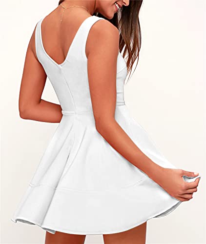 Image of FANCYINN Women's Short V-Back Dress U-Neck Inslace Hem Wide Straps Tank Mini Skater Cocktail Dresses