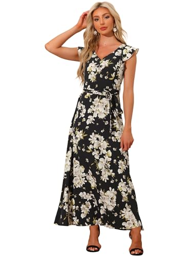 Image of Allegra K Maxi Dresses for Women's Summer Belted Ruffle Slevee Floral Dress Large Black