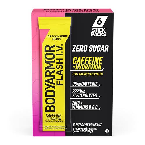 BODYARMOR Caffeinated Flash I.V. Electrolyte Packets, Dragonfruit Berry, Zero Sugar Energy Drink...