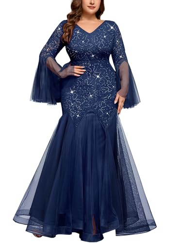 Image of MISSMAY Women's Plus Size Formal Evening Gowns Sequin Mermaid Tulle Dresses