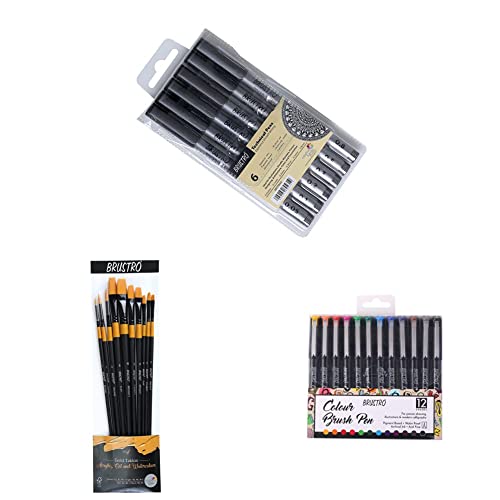 Image of BRUSTRO Technical Pen (Pack of 6) & Artists Gold TAKLON Set of 10 Brushes for Acrylics & Colour Brush Pens Set of 12
