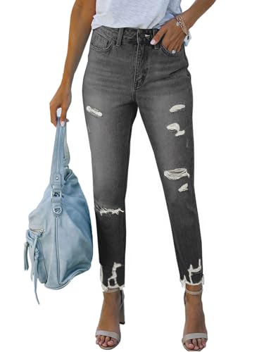 Women's Mid Waisted Distressed Ripped Jeans 2 Piece Stretch Butt Lift Denim Pants Blue&Grey XX-Large