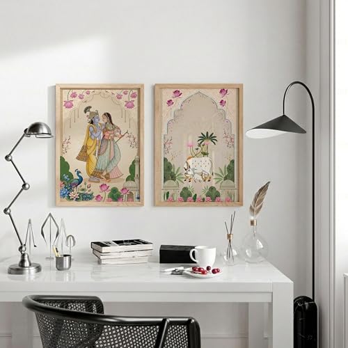 Image of Suneree Pichwai Radha Krishna Kamdhenu Cow Wall Art Painting | Set of 2 Framed Paintings | Traditional Indian Decor for Living Room Pooja Room Home | (ART 3, 13x19 INCHES)