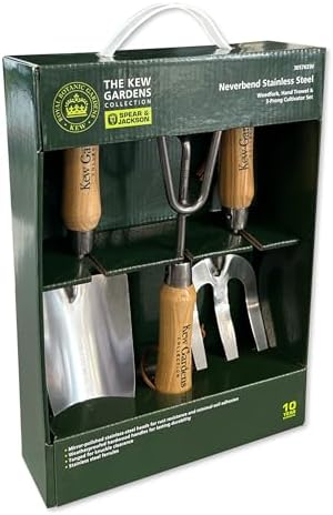 Spear & Jackson 3057KEW Kew Gardens Collection 3-teiliges Garten-Handwerkzeug-Geschenkset – Pflanzkelle, Unkrautgabel & Kultivator mit FSC-zertifizierten Hartholzgriffen und Edelst