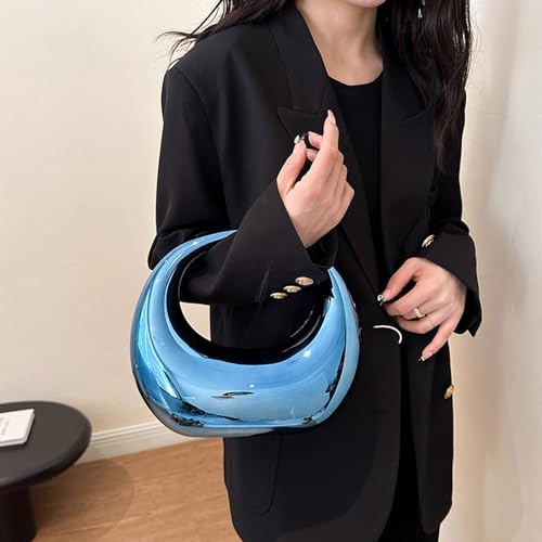 Image of Women's Gold Acrylic Moon Shape Evening Clutch Purse Fashion Y2K Mirror Hobo Handbag for prom Party