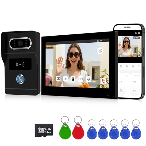 FTes RFKits 2 Cables WiFi y 1080P Sistema de Intercomunicación con Videoportero Inteligente Tuya,Desbloqueo RFID &Tuya,Visión Vocturna por Infrarrojos (Negro)