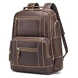 LANNSYNE Full Grain Leather Backpack Fits 17' Laptop For Men, Casual Rucksack For Business Travel Hiking Camping Overnight, YKK Zippers