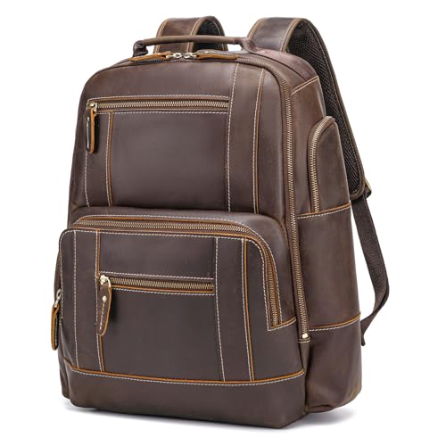 LANNSYNE Full Grain Leather Backpack Fits 17" Laptop For Men, Casual Rucksack For Business Travel Hiking Camping Overnight, YKK Zippers
