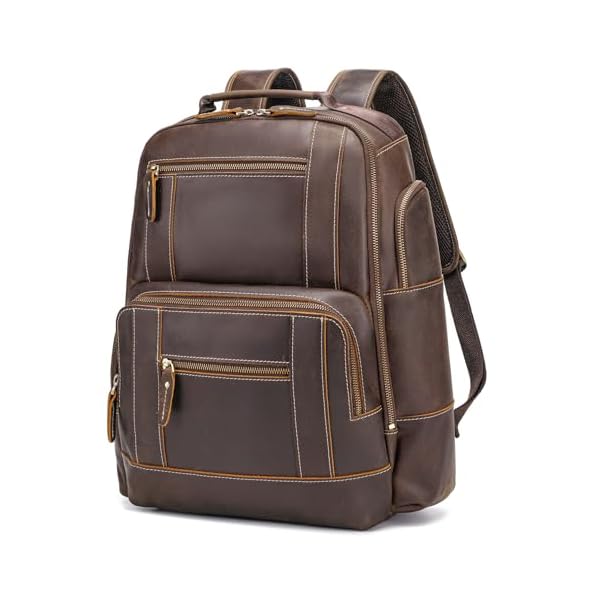 LANNSYNE Full Grain Leather Backpack Fits 17" Laptop For Men, Casual Rucksack For Business Travel Hiking Camping Overnight, YKK Zippers