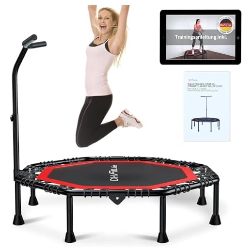 DH FitLife Trampolino da fitness, pieghevole, silenzioso, con sospensioni in gomma, senza installazione, trampolino da 50 pollici, 128 cm, per interni ed esterni, con 3 gradini regolabili (rosso)