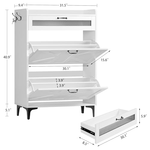 Image of TEENFON Shoe Cabinet with 2 Flip Drawers & Top Drawer, Farmhouse Narrow Shoe Storage Cabinet with Adjustable Shelves & Hooks, Freestanding Hidden Slim Shoe Rack Cabinet for Entryway, Hallway, White