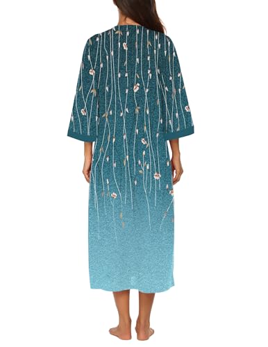 Image of Ekouaer Women Zipper Robe 3 /4 Sleeves Loungewear Dress Full Length Sleepwear Pockets Housecoat Nightgown Long Bathrobe