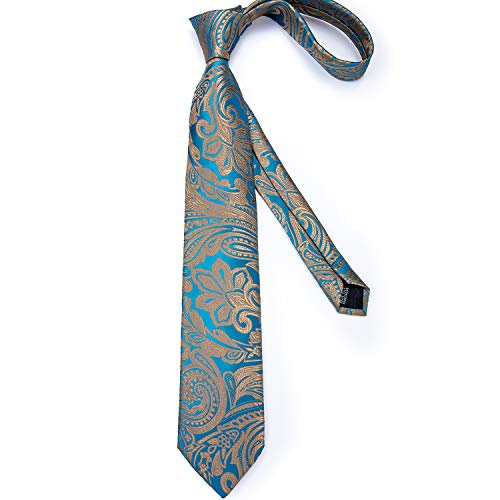 Image of DiBanGu Paisley Ties for Men Silk Necktie and Pocket Square Cufflinks Tie Clip Set Woven Classic Mens Tie for Wedding Party, Teal Blue