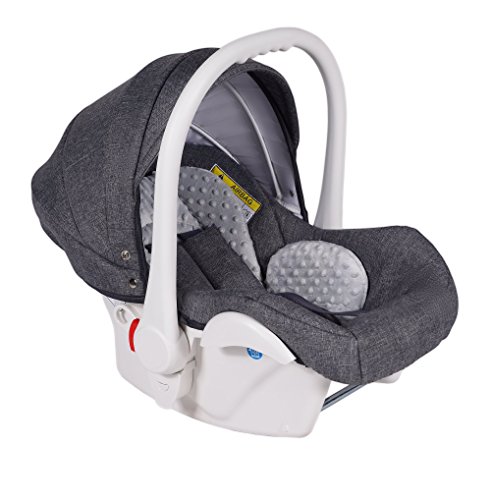 Clamaro Babyschale Auto 'JUNO white' ultraleicht 2,95 kg mit Anti-Shock Schaumstoff, Gruppe 0+ (0-13 kg) ECE-R 44/04 - Baby Autositz inkl. Sonnenverdeck und Fußabdeckung - Dunkelgrau Leinen
