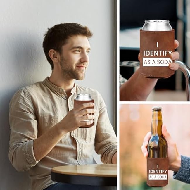 2pcs I Identify As A Soda Funny Beverage Beer Can Coole leather Beer Can Holder Fathers Day Birthday Gifts for Beer Lover Dad Father Him Men Party Supplies Decorations