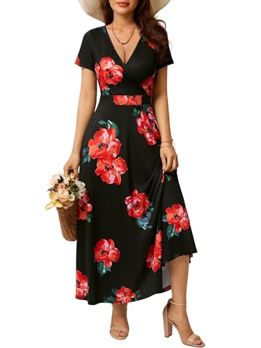 Image of HUHOT Women's Short Sleeve Wrap V Neck Dresses for Wedding Guest Summer Floral Maxi Sundresses with Pockets Boho Dress