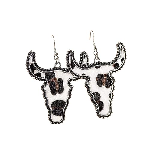 Western Cowgirl Earrings Cow Cattle Head Leather Dangle Earrings Bohemian Vintage Handmade Turquoise Animal Print Earrings