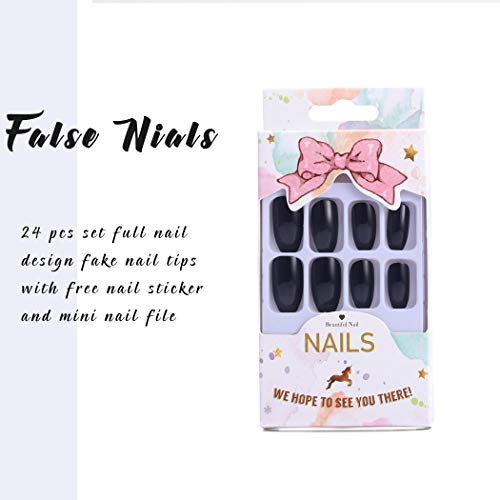 Jeweky Square Fake Nails Medium Glossy Press on Nails Full Cover Artificial False Nail for Women and Girls (24PCs) (Black)