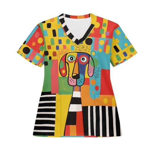 JoyLamoria Scrub Tops for Women Abstract Dachshund Shirts Stretchy V Neck Short Sleeve Printed Holiday Nursing Pocketed Working Uniforms