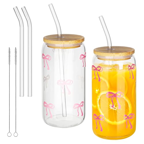 BUCOMTU Set de 2 Verre Matcha,Tasses Matcha 500ml,Verres Avec Couvercle et Paille 500 ml, Verres en Verre pour thé, Boissons, Jus, Café Glacé, Latte, pour une Adolescente de 11 Ans