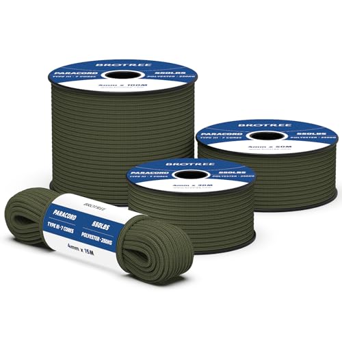 Brotree 550 Paracord 4mm 30m Schnur 100% Polyester Seil Reißfest Typ III 7 Kern für Armbänder, Basteln, Outdoor, Camping, Survival - Armee Grün