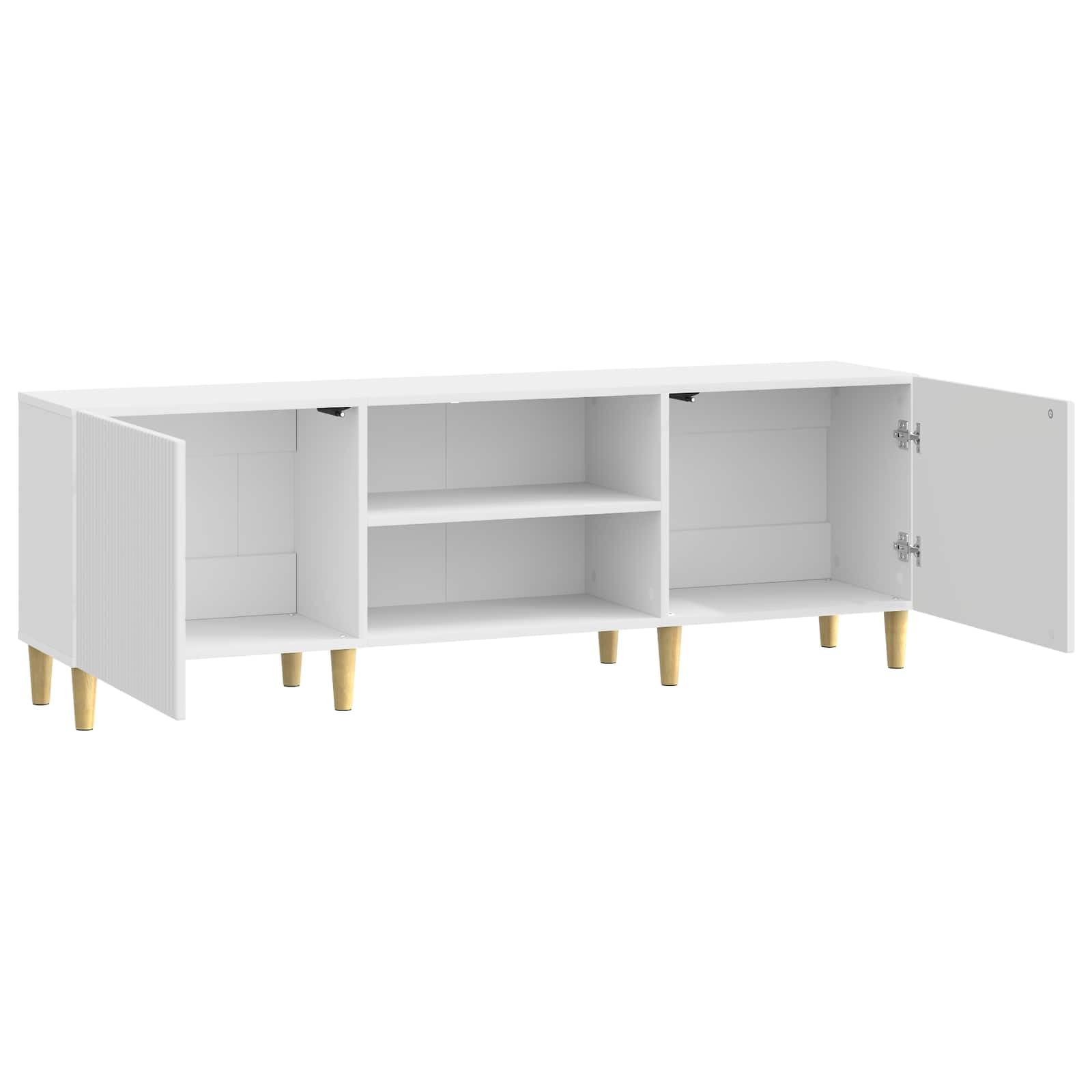 TV-Schränk Hochglanz Weiß aus Holzwerkstoff 150 x 31 x 50 cm mit 2 Schwenktüren und Brettregal, vielseitiger Fernsehtisch für Wohnzimmer, Stauraum für Mediengeräte und Gaming Zubehör