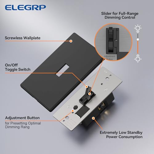 Image of ELEGRP Digital Dimmer Switch for LED /CFL, Toggle Dimmer Switch with Decorative Frameless Design Wallplate, Single Pole /3-Way, UL Listed, 6 Pack, Black