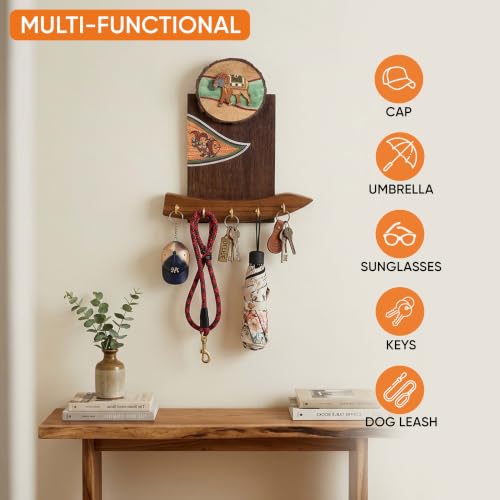 Image of AAKRITI ART CREATIONS Key Holder, Majestic Journeys Key Holder | Rustic Mango Wood Wall Organizer with 5 Hooks | New Home Gifts | Multifunctional Entryway Decor Item